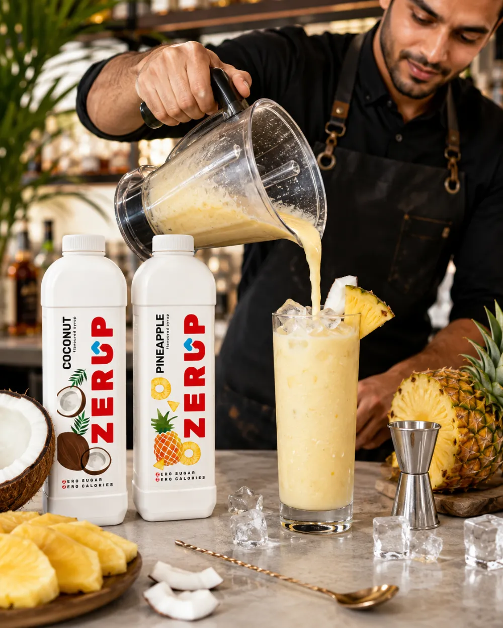 Bartender pouring a piña colada with Coconut and Pineapple Zerup