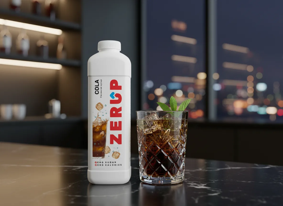 Zerup Cola syrup with iced drink at a bar